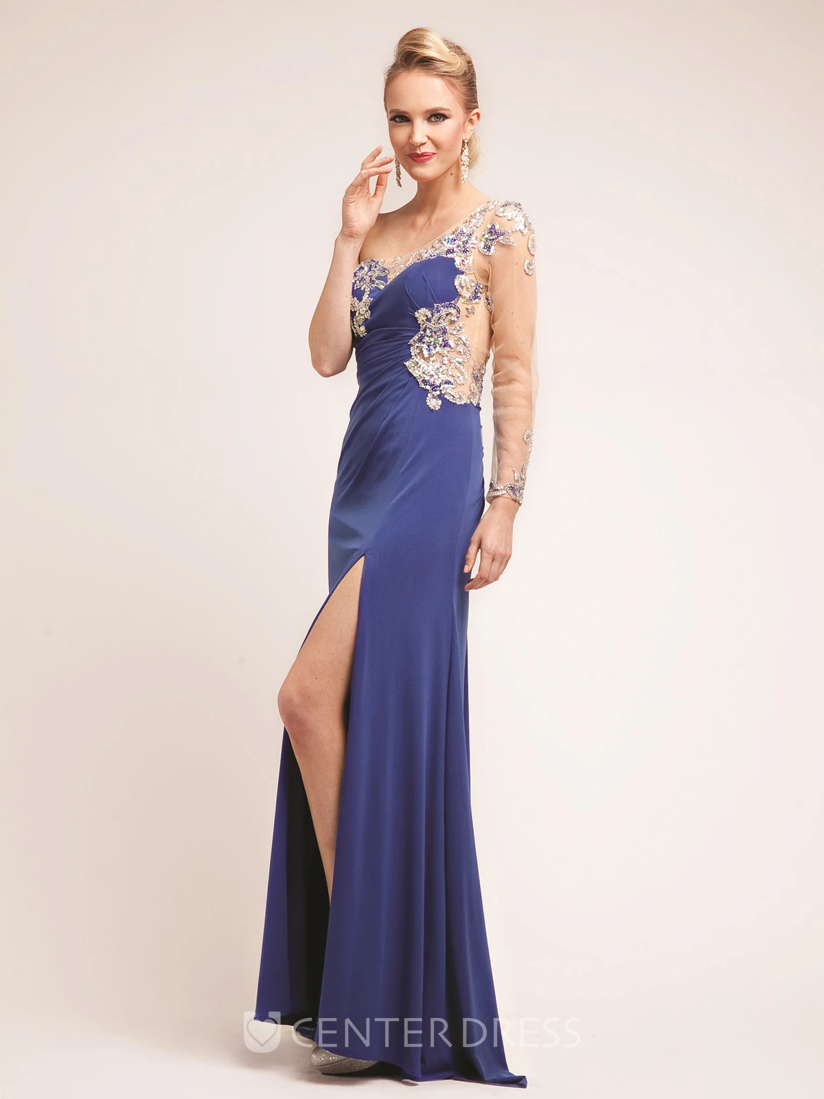 Sheath One-Shoulder Sleeveless Jersey Dress With Split Front And Beading