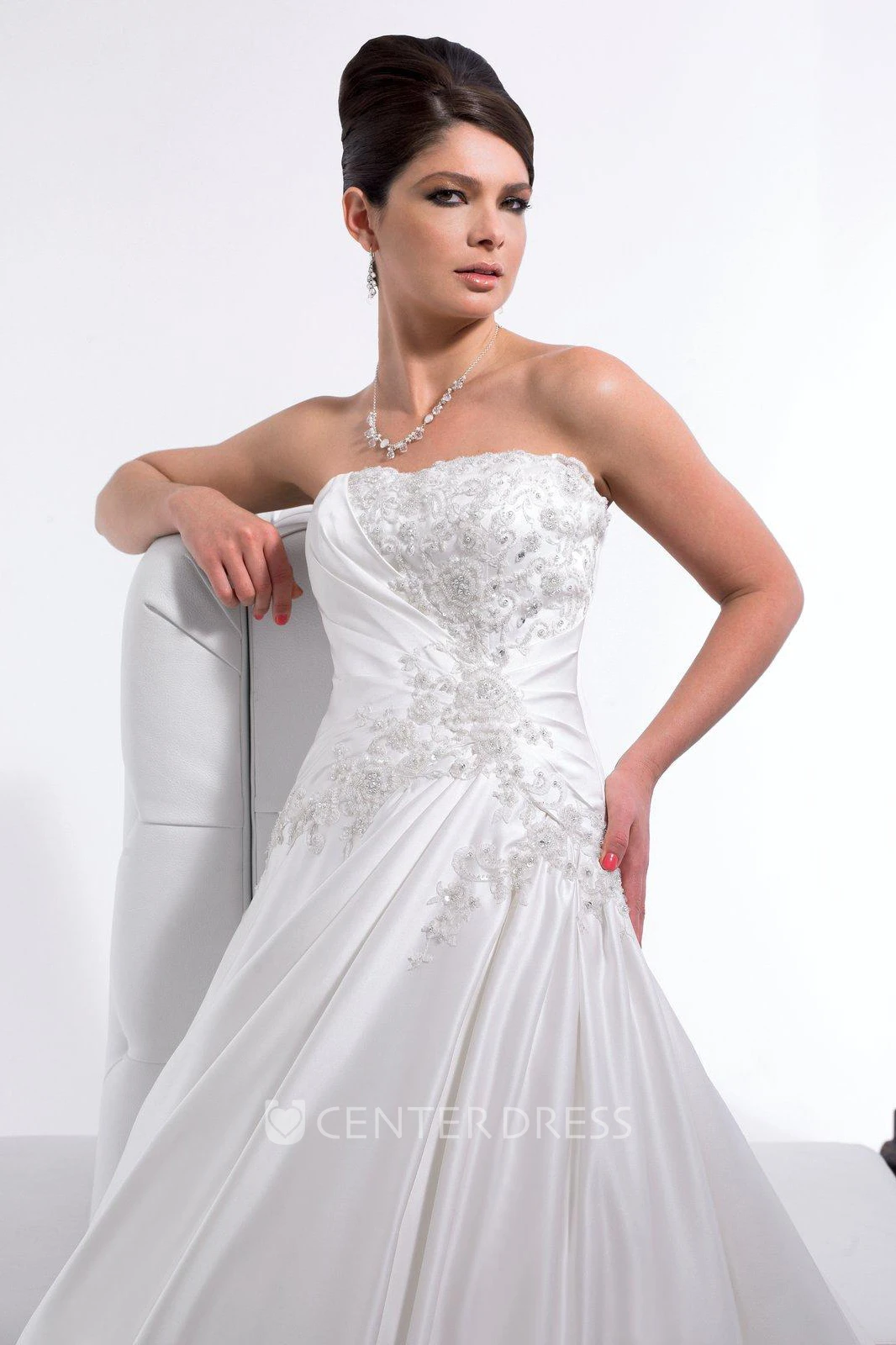 A-Line Appliqued Long Sleeveless Strapless Satin Winter Wedding Dress With Draping And Corset Back