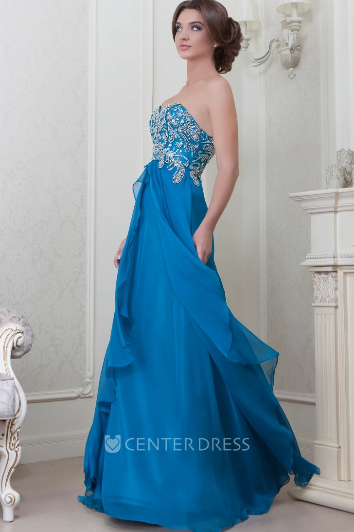 A-Line Sleeveless Beaded Sweetheart Floor-Length Chiffon Evening Dress With Draping