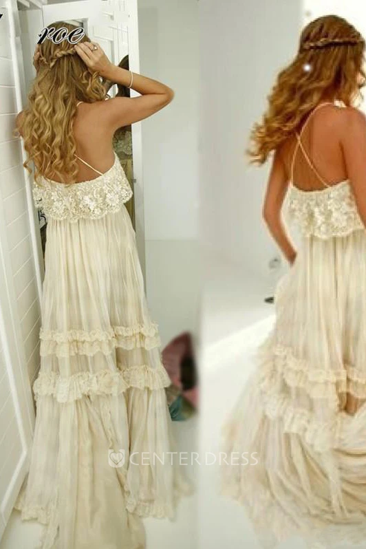 Cross Back Ethereal Court Train In Tiers Destination Wedding Dress With Spaghetti Straps