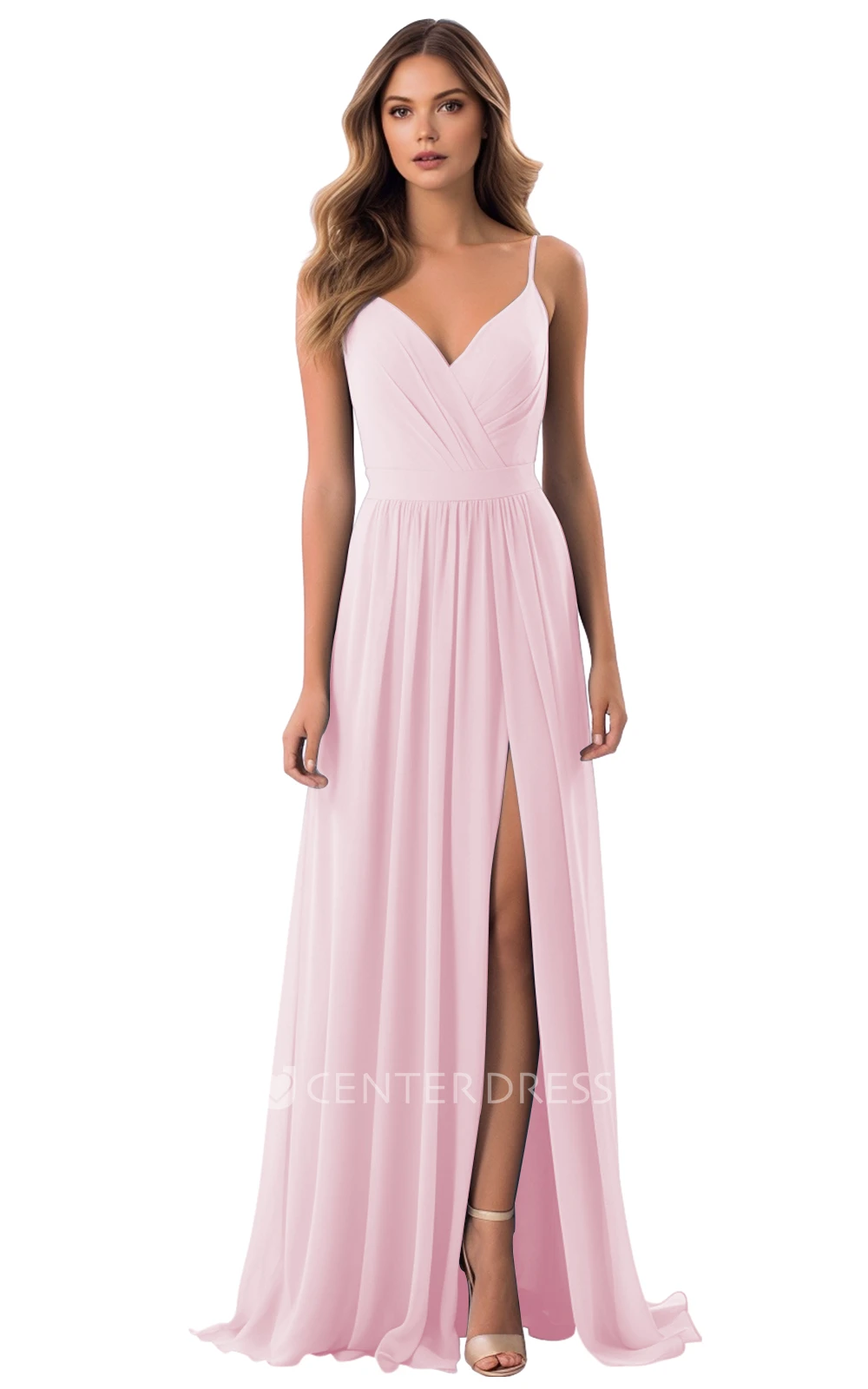 A-Line Chiffon Bridesmaid Dress with V-neck and Split Front Elegant and Simple