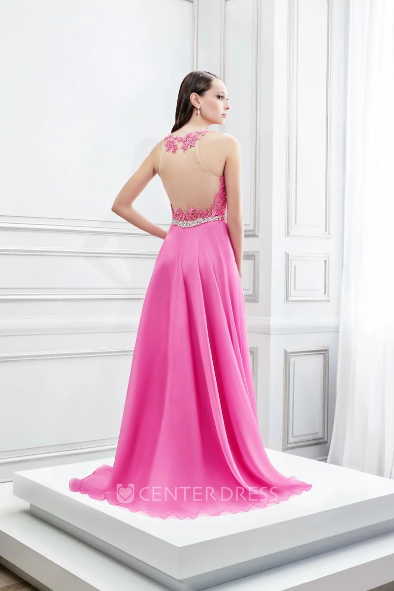 Floor-Length Sleeveless Scoop Neck Appliqued Satin Chiffon Prom Dress
