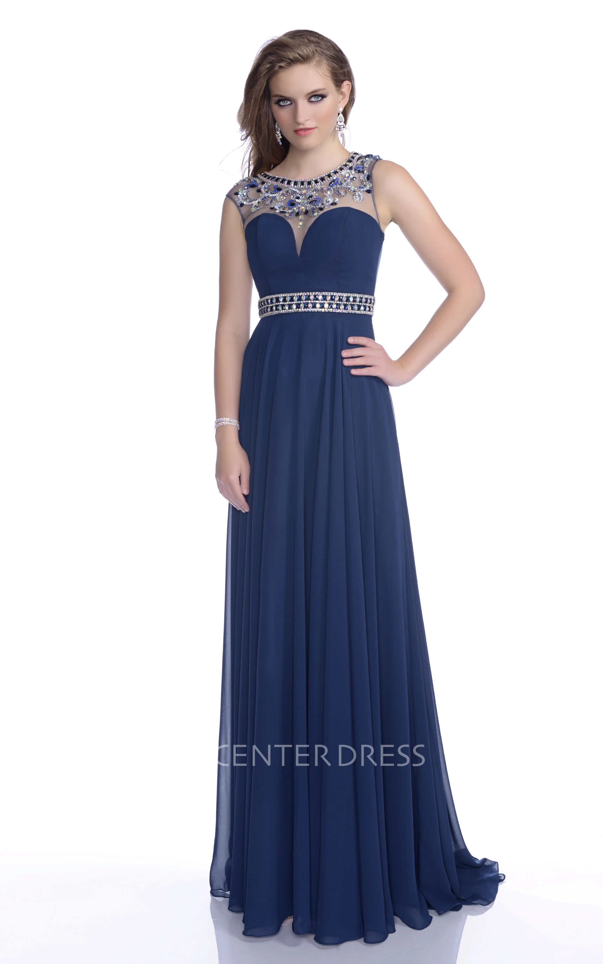 A-Line Chiffon Sleeveless Prom Dress Featuring Keyhole Back And Jeweled Waist