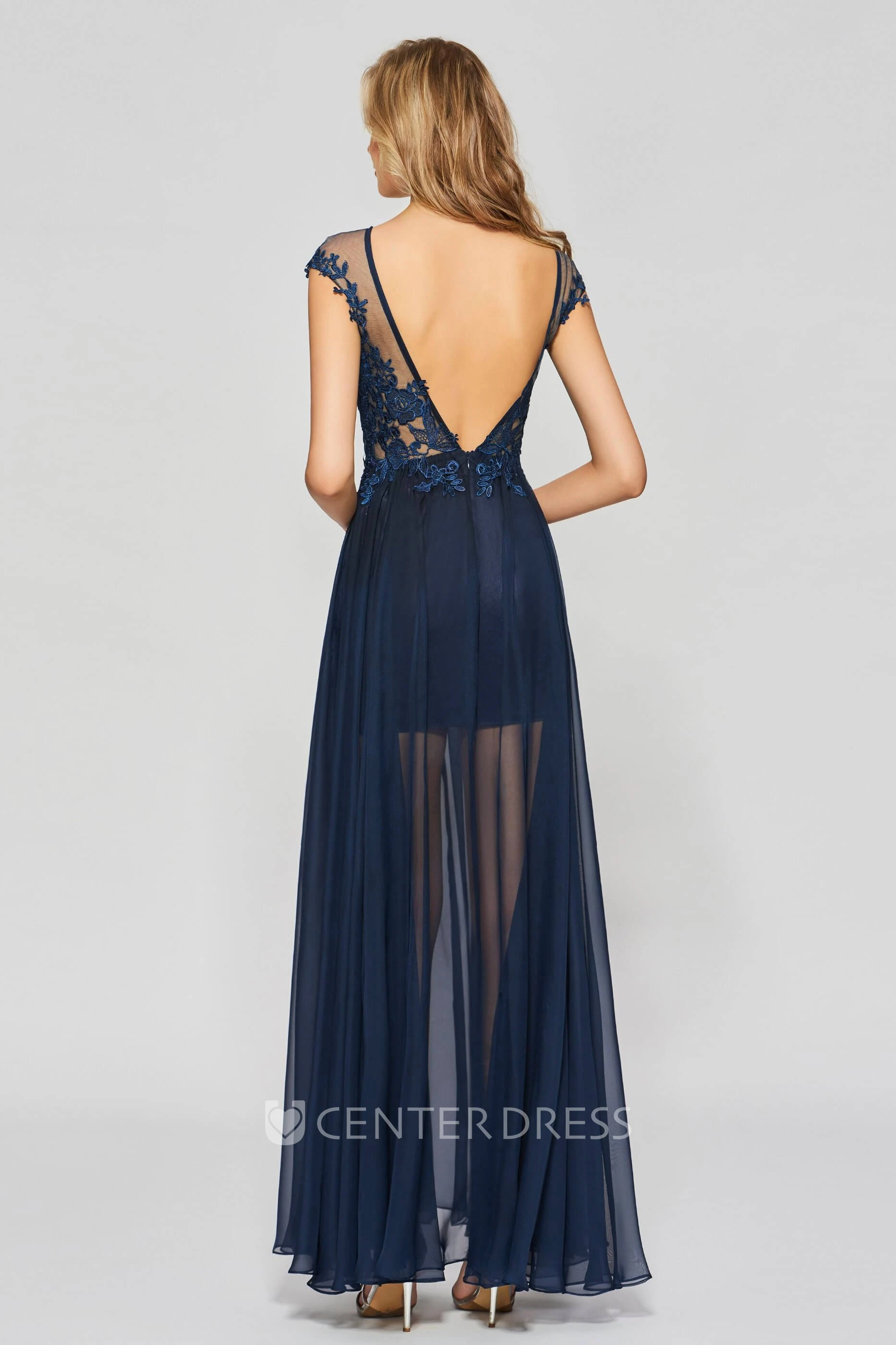 Lace Appliqued A-line Sexy Split Front Bateau Chiffon Gown With Deep V-back