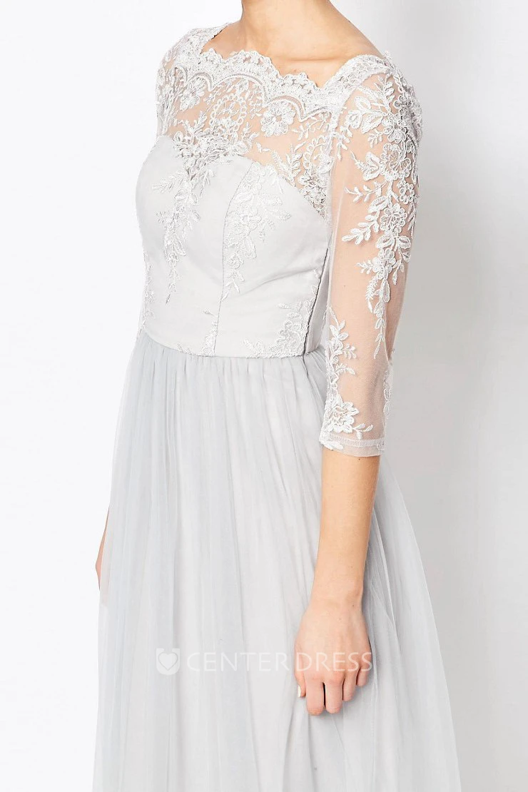 Ankle-Length Appliqued Bateau Neck Half Sleeve Tulle Bridesmaid Dress