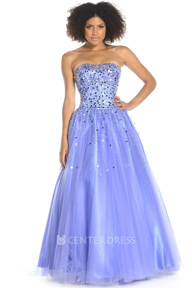A-Line Maxi Strapless Sequined Tulle Prom Dress With Lace-Up