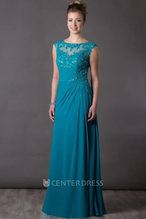 Appliqued Top Cap Sleeve A-Line Chiffon Long Mother Of The Bride Dress With Sequin Details
