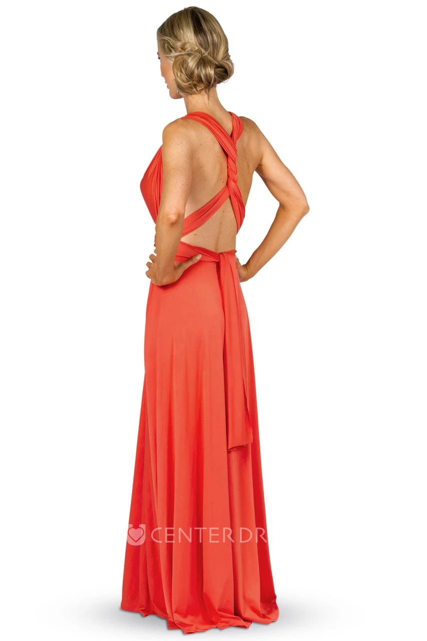 Maxi Ruched Sleeveless V-Neck Chiffon Convertible Bridesmaid Dress With Straps
