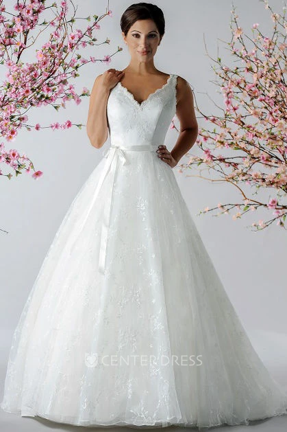 Scalloped V Neck A-Line Embroidered Tulle Bridal Gown With Sash