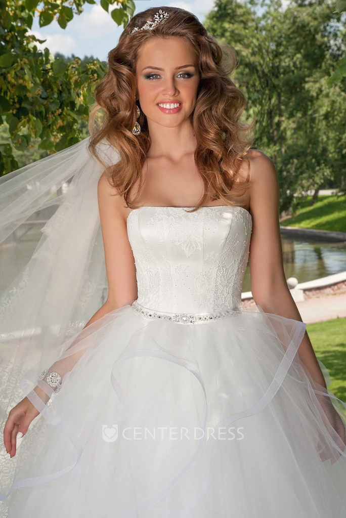 Long Strapless Appliqued Draped Tulle Wedding Dress