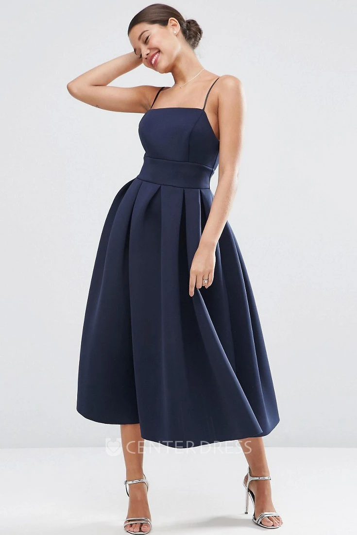 A-Line Spaghetti Tea-Length Sleeveless Satin Bridesmaid Dress