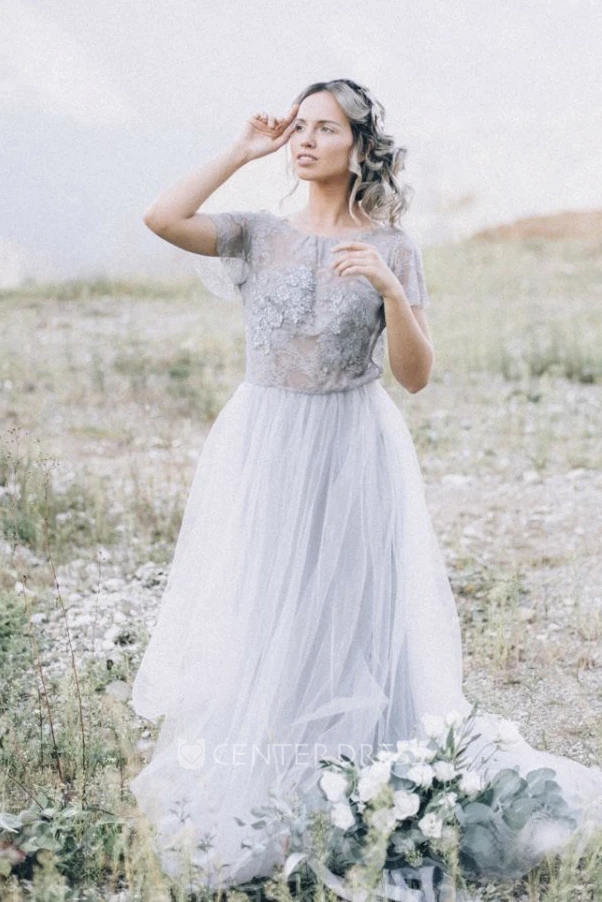 Simple Bohemian Lace Appliqued Tulle Wedding Dress With Open Back