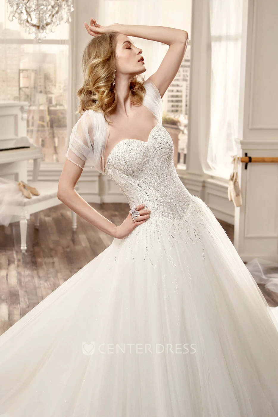 Sweetheart Beaded Long Wedding Dress With Ruching Tulle Skirt And Invert-V Waist