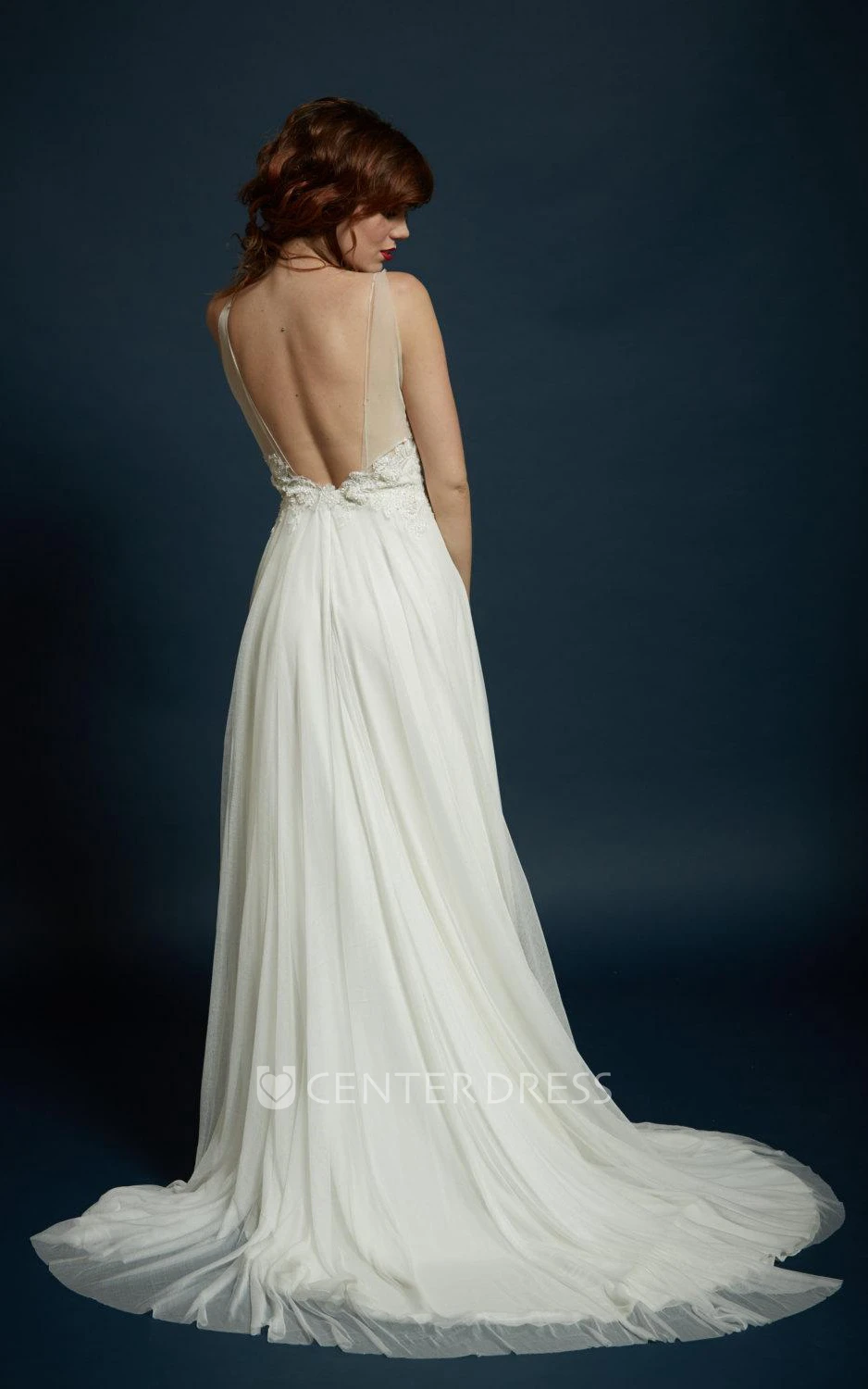 Strapped Tulle Lace Charmeuse Dress With Beading Embroideries Illusion
