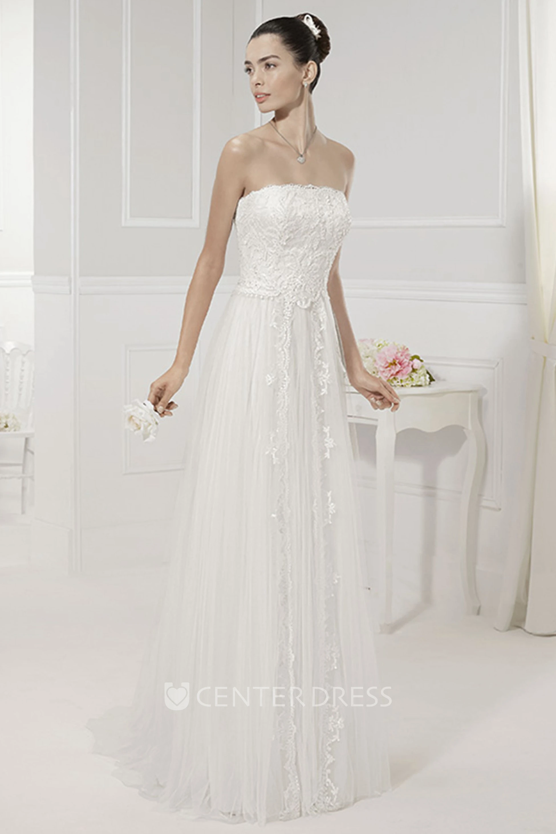Strapless Sequined Tulle Bridal Gown With Removable Illusion Neck