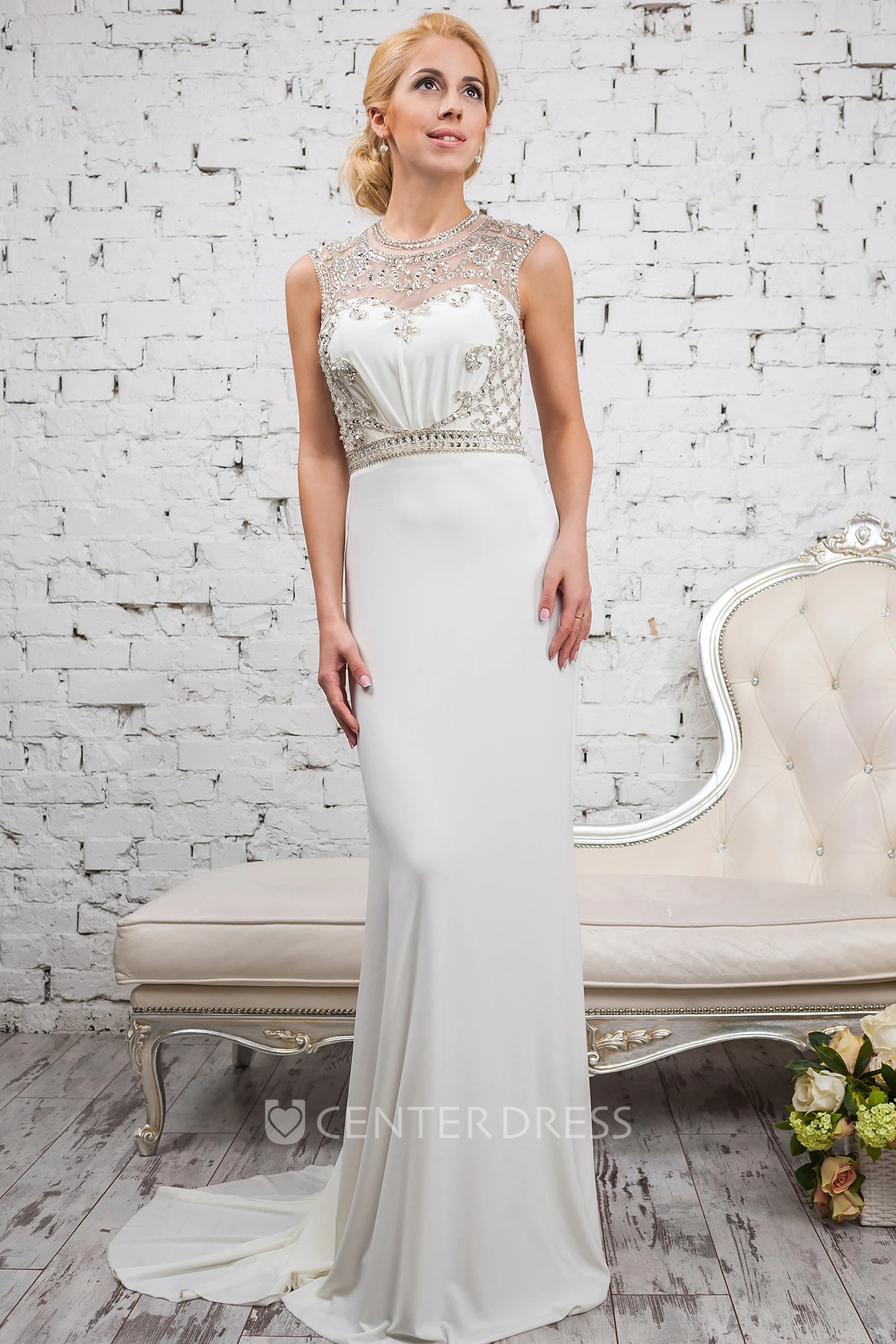 Maxi Sheath Scoop Neck Sleeveless Beaded Chiffon Evening Dress