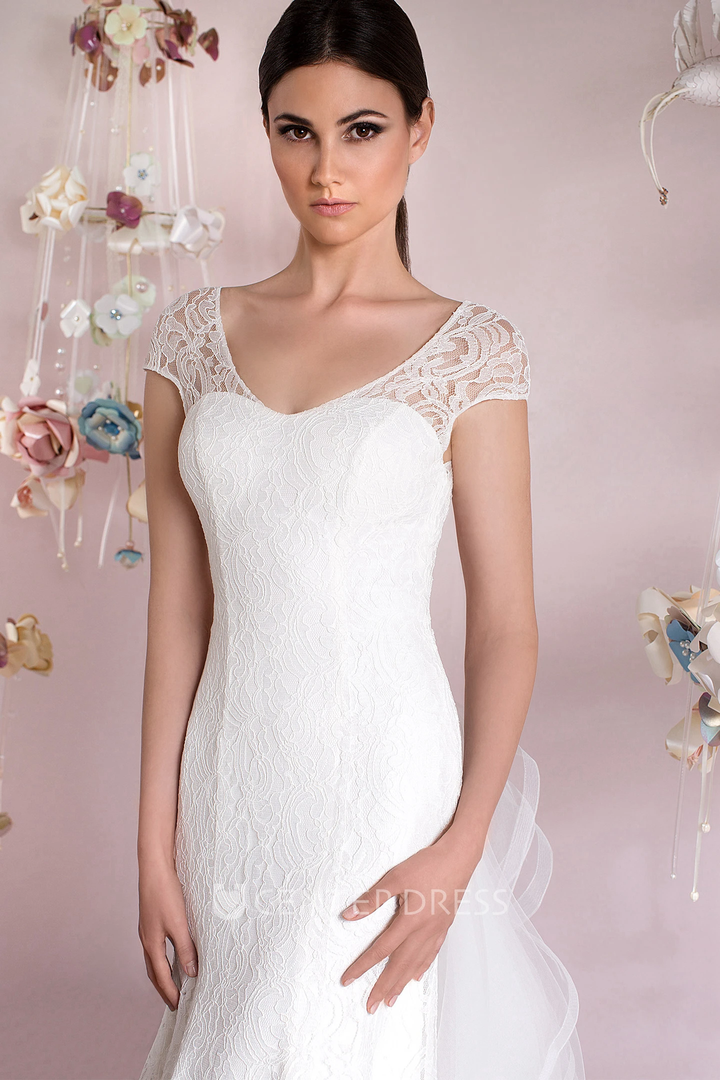 Mermaid V-Neck Cap-Sleeve Lace Wedding Dress With Draping