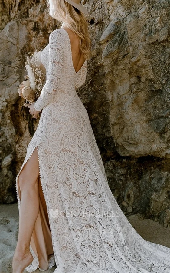 Boat Long Sleeve Modest Bohemian Sexy Open Back Lace Train Winter Wedding Dress
