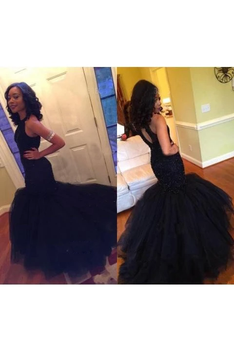 Sleeveless Sweep Brush Train Mermaid Trumpet High Neck Lace Tulle Dress