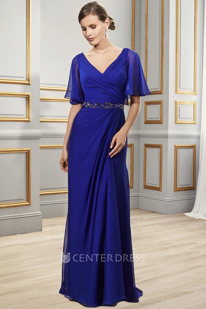 Sheath Floor-Length Side-Draped Poet-Short-Sleeve V-Neck Chiffon Formal Dress With Low-V Back And Waist Jewellery