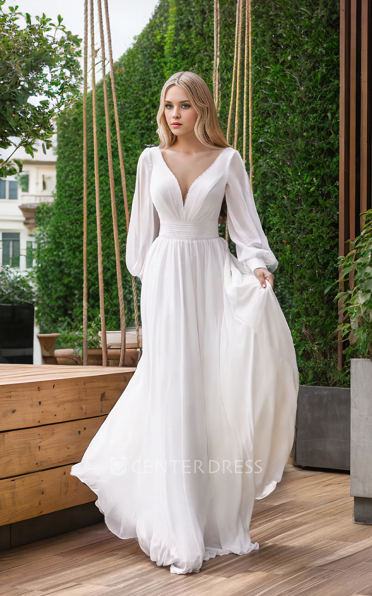 Vintage A-line Ethereal Deep-V Split Long Sleeve Chiffon Tied Back Long Dress