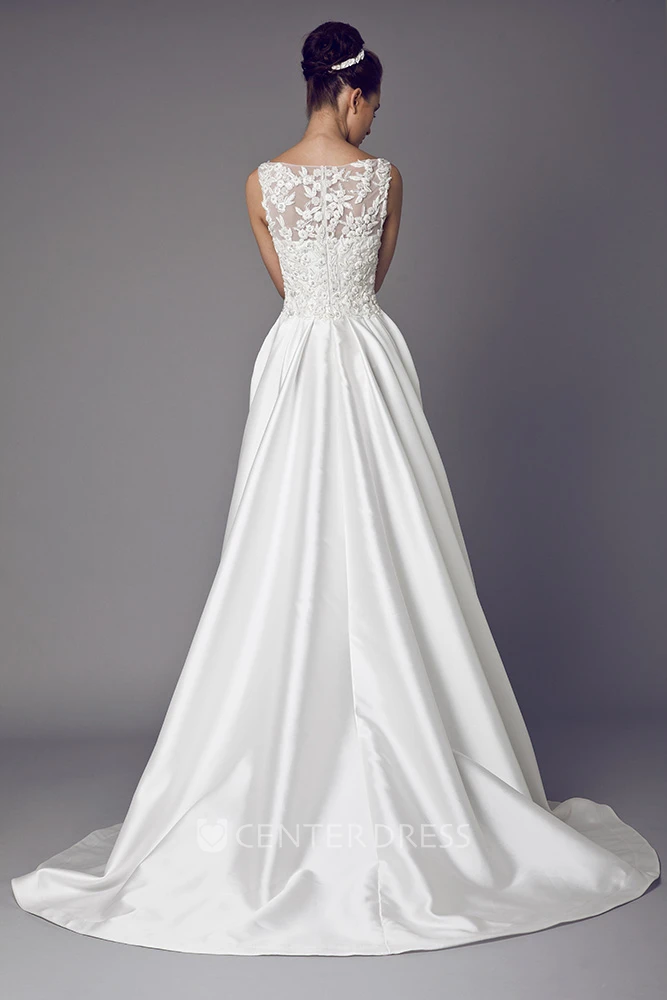 Long Bateau Appliqued Satin Wedding Dress With Sweep Train And Illusion