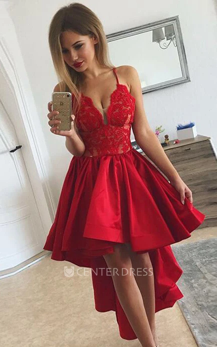 Simple A Line Satin Lace Spaghetti V-neck Sleeveless with Ruffles Homecoming Dress
