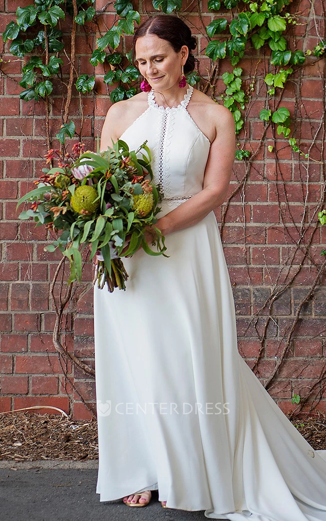 Simple A-Line Halter Satin Wedding Dress With Open Back And Lace