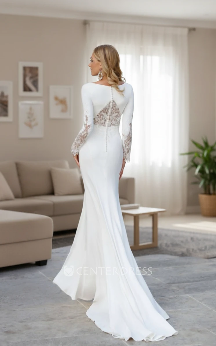 Modest Sheath Bateau Long Sleeve Spring Wedding Dress Elegant Satin Lace Solid Bridal Gown