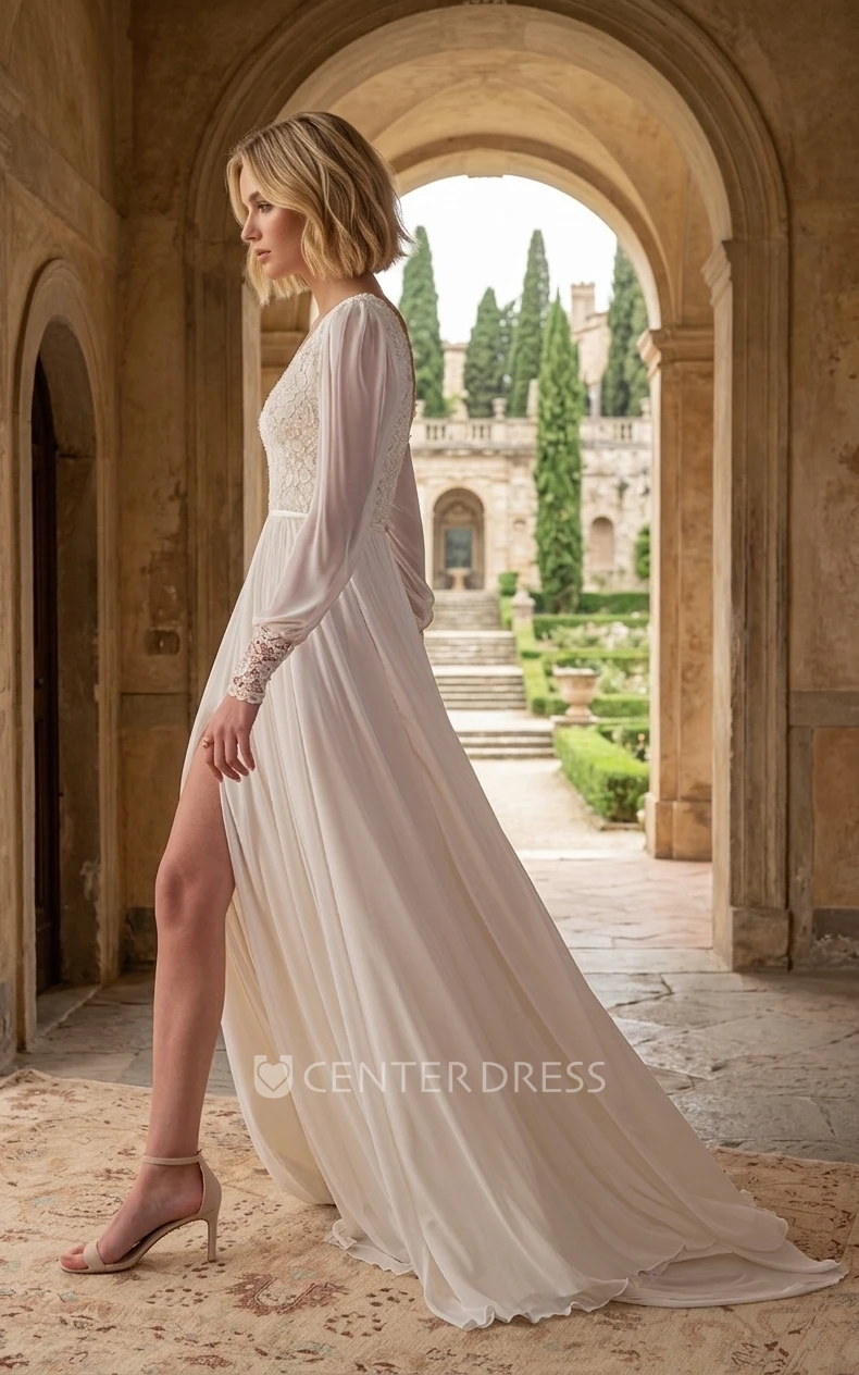 Vintage Elegant A-Line Boho Lace Chiffon Long Sleeve Sashed Spring Wedding Dress with Sexy Split Front V-Neck Low Back Court Train
