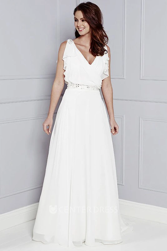 V-Neck Sleeveless Draped Maxi Chiffon Wedding Dress With Beading And V Back