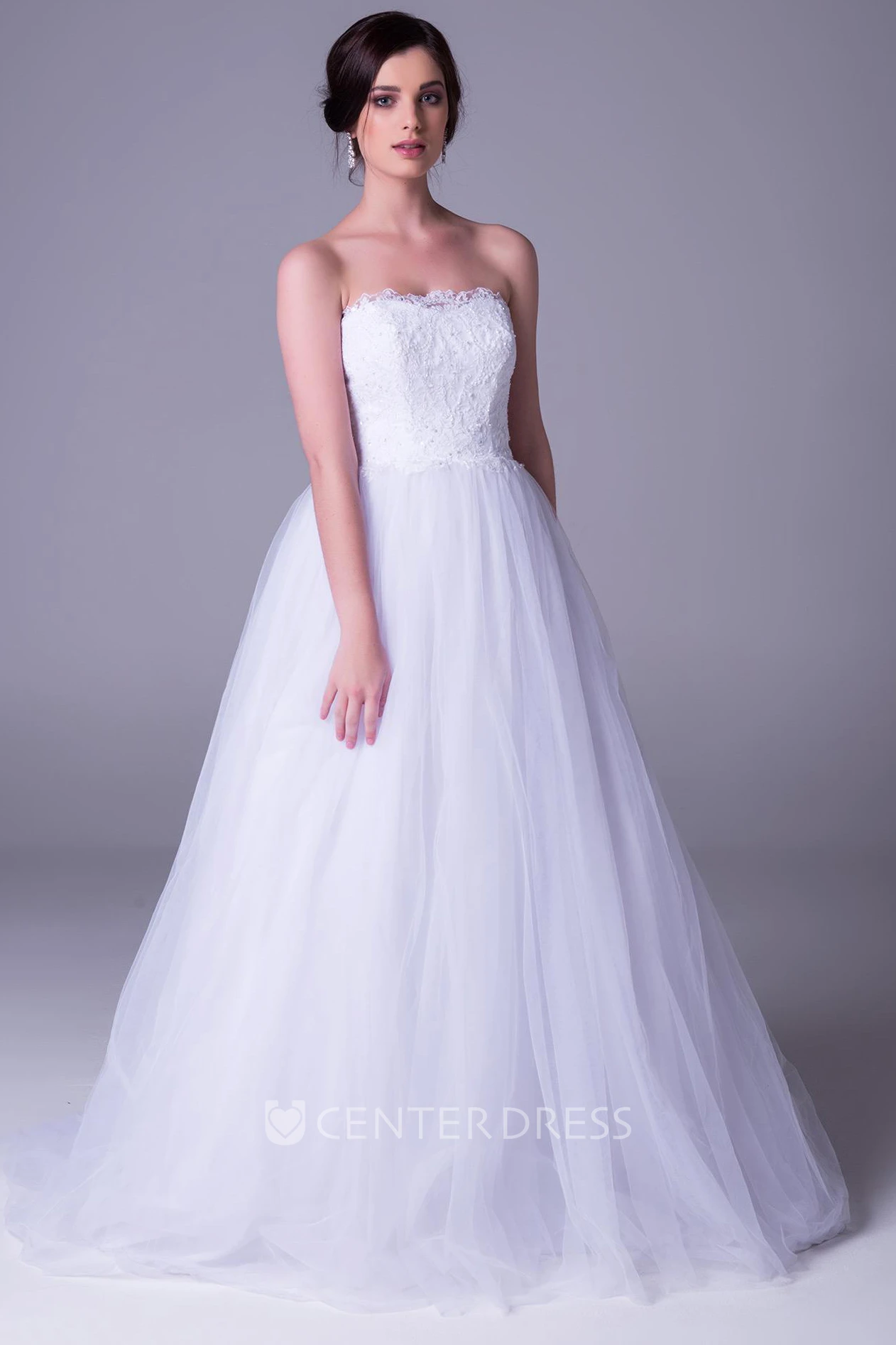 A-Line Strapless Tulle Wedding Dress With Lace