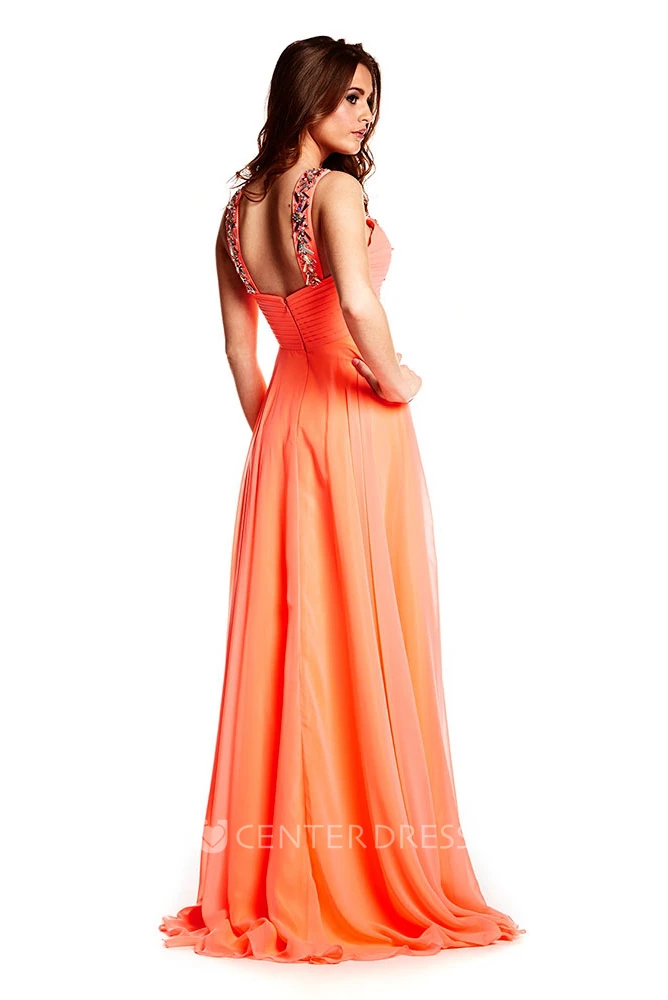 Floor-Length Sleeveless V-Neck Beaded Chiffon Prom Dress With Brush Train