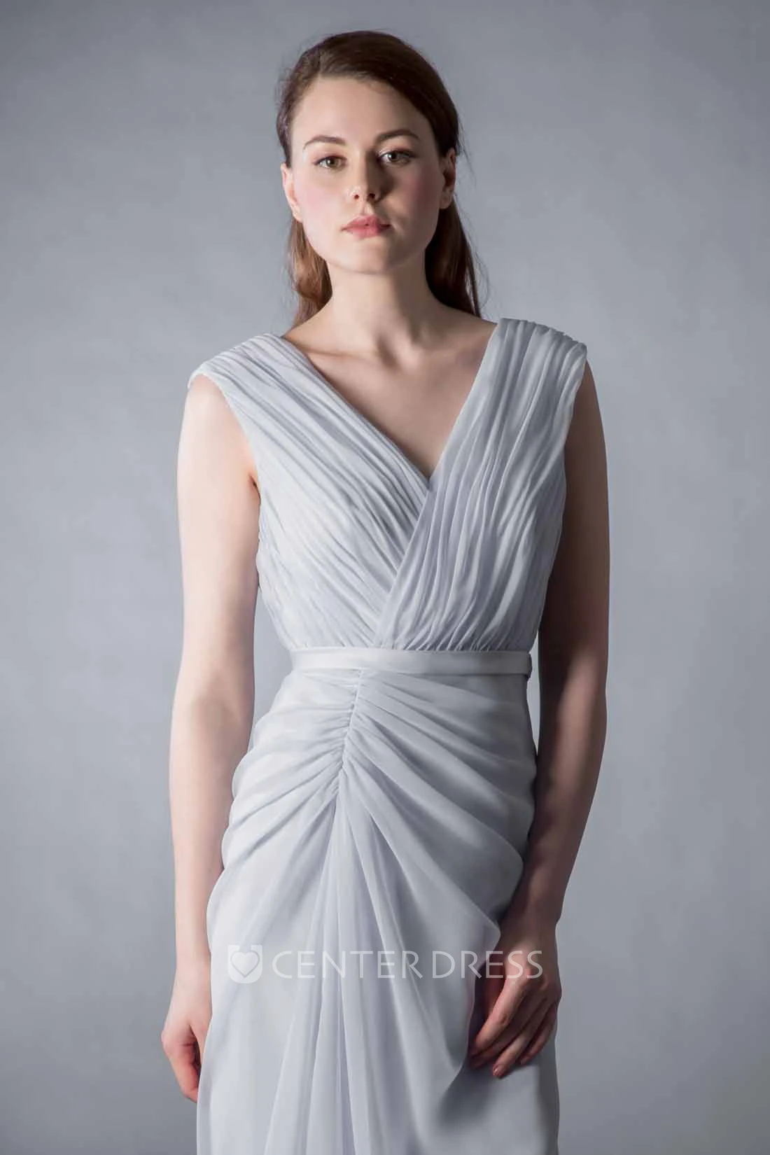 V-Neck Sleeveless Ruched Chiffon Bridesmaid Dress