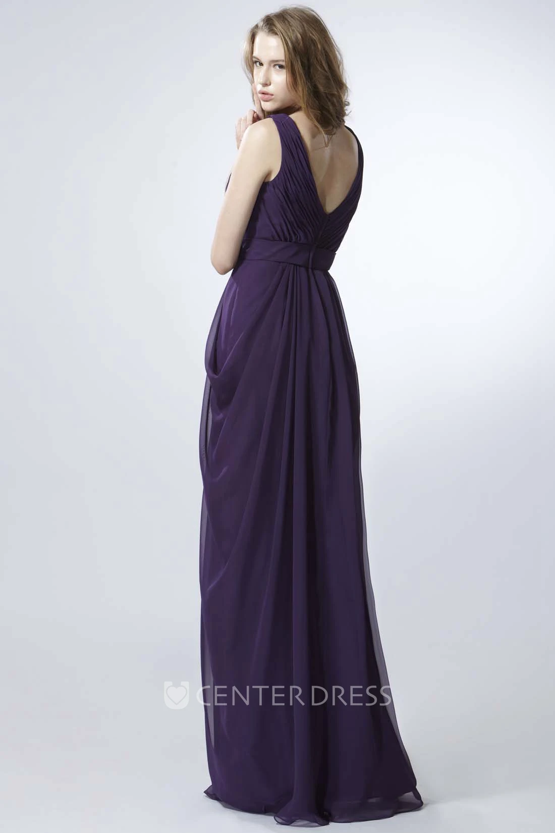 Sheath Sleeveless V-Neck Ruched Chiffon Bridesmaid Dress With Draping