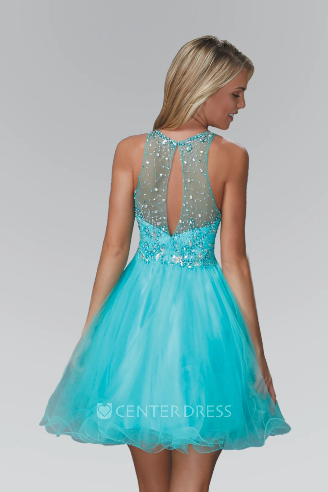 A-Line Short Scoop-Neck Sleeveless Tulle Illusion Dress With Beading And Ruffles