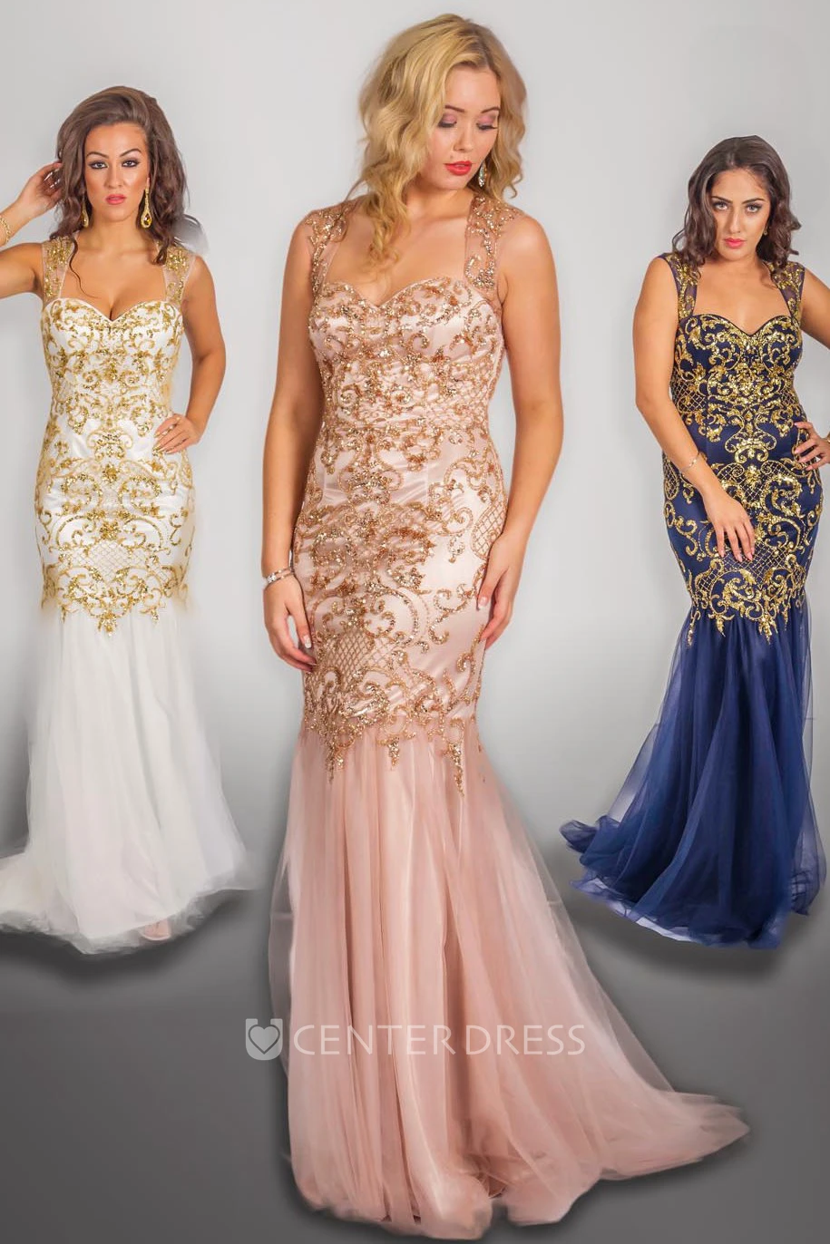 Sheath Sleeveless Beaded Long Strapped Tulle&Satin Prom Dress With Sequins