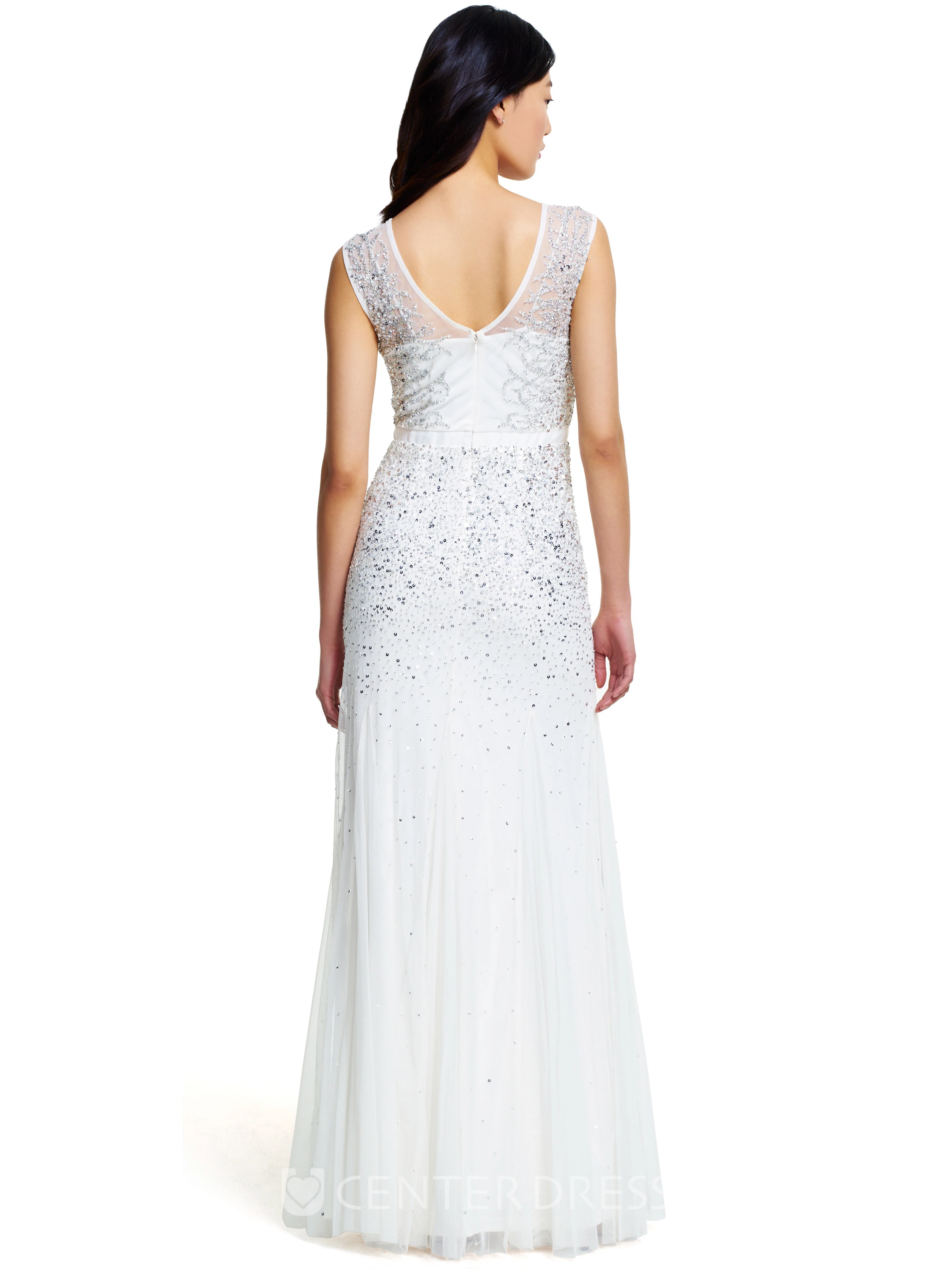 Sheath Sequined Sleeveless Scoop Neck Tulle Bridesmaid Dress With Low-V Back