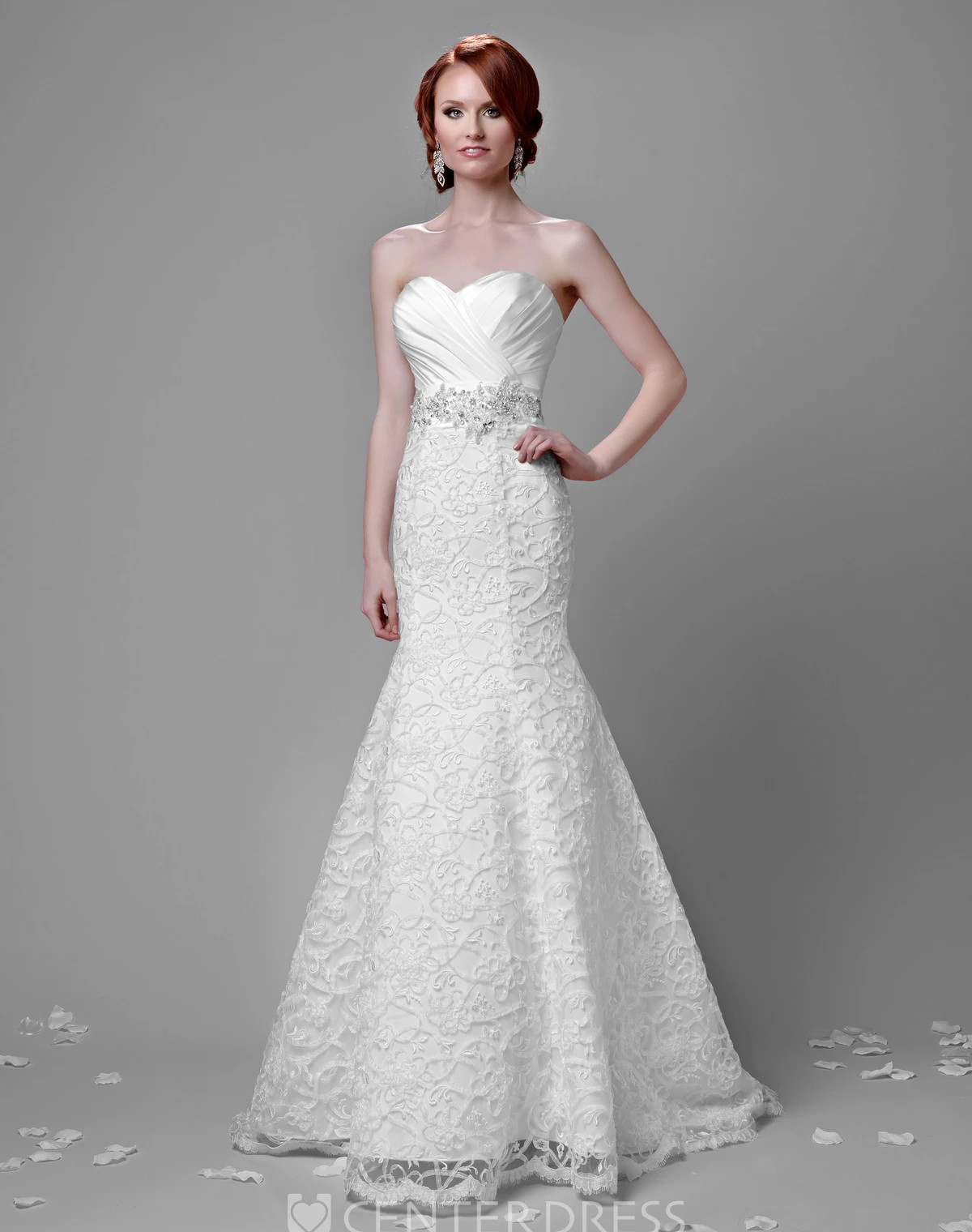 Fit And Flare Lace Sweetheart Gown Featuring Ruched Satin Bust