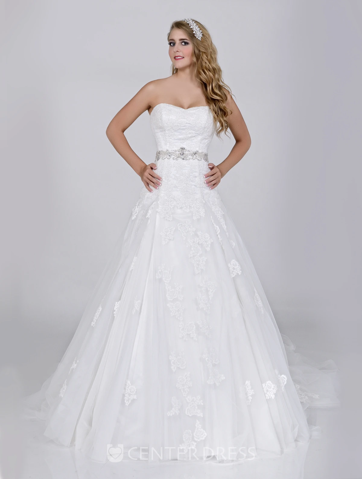 Strapless A-Line Lace Wedding Dress With Jeweled Waist And Back Buttons