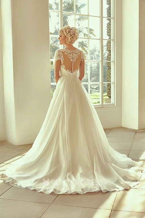 Long Notched Appliqued Cap-Sleeve Lace&Chiffon Wedding Dress