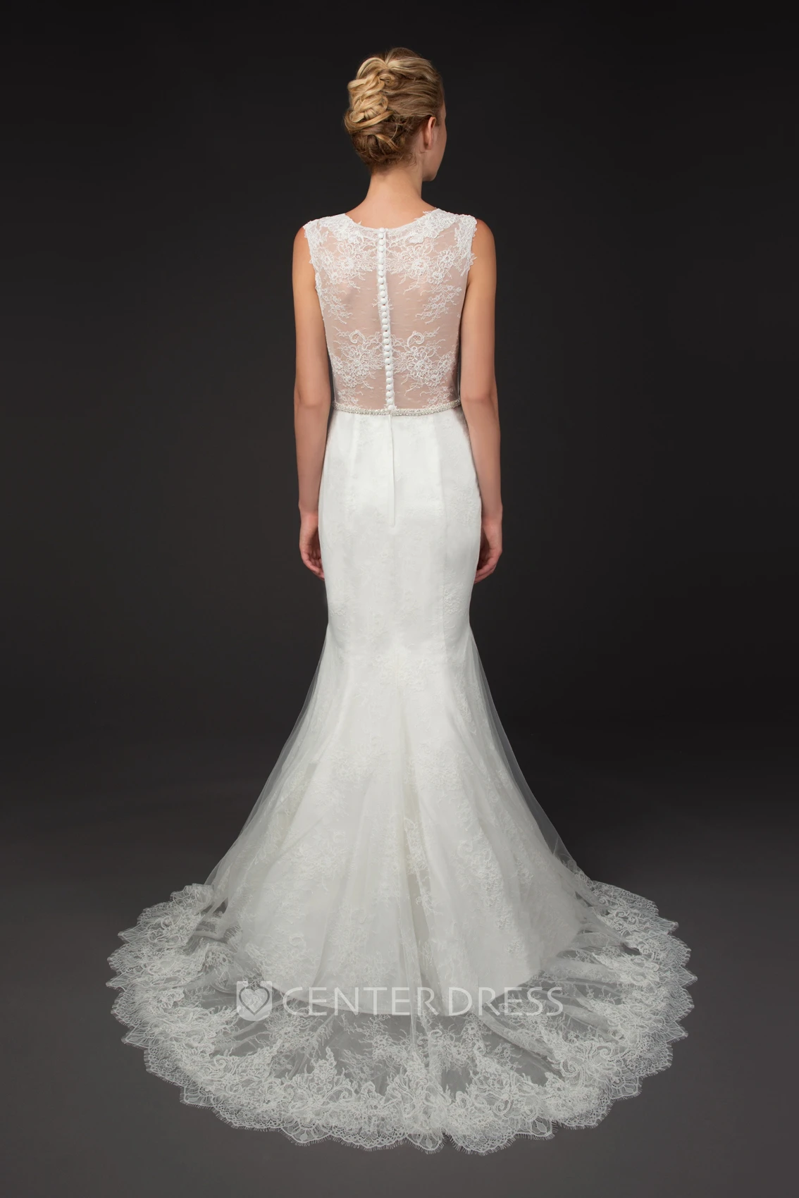 Mermaid Appliqued Floor-Length Sleeveless Queen-Anne Lace Winter Wedding Dress With Illusion Back And Waist Jewellery