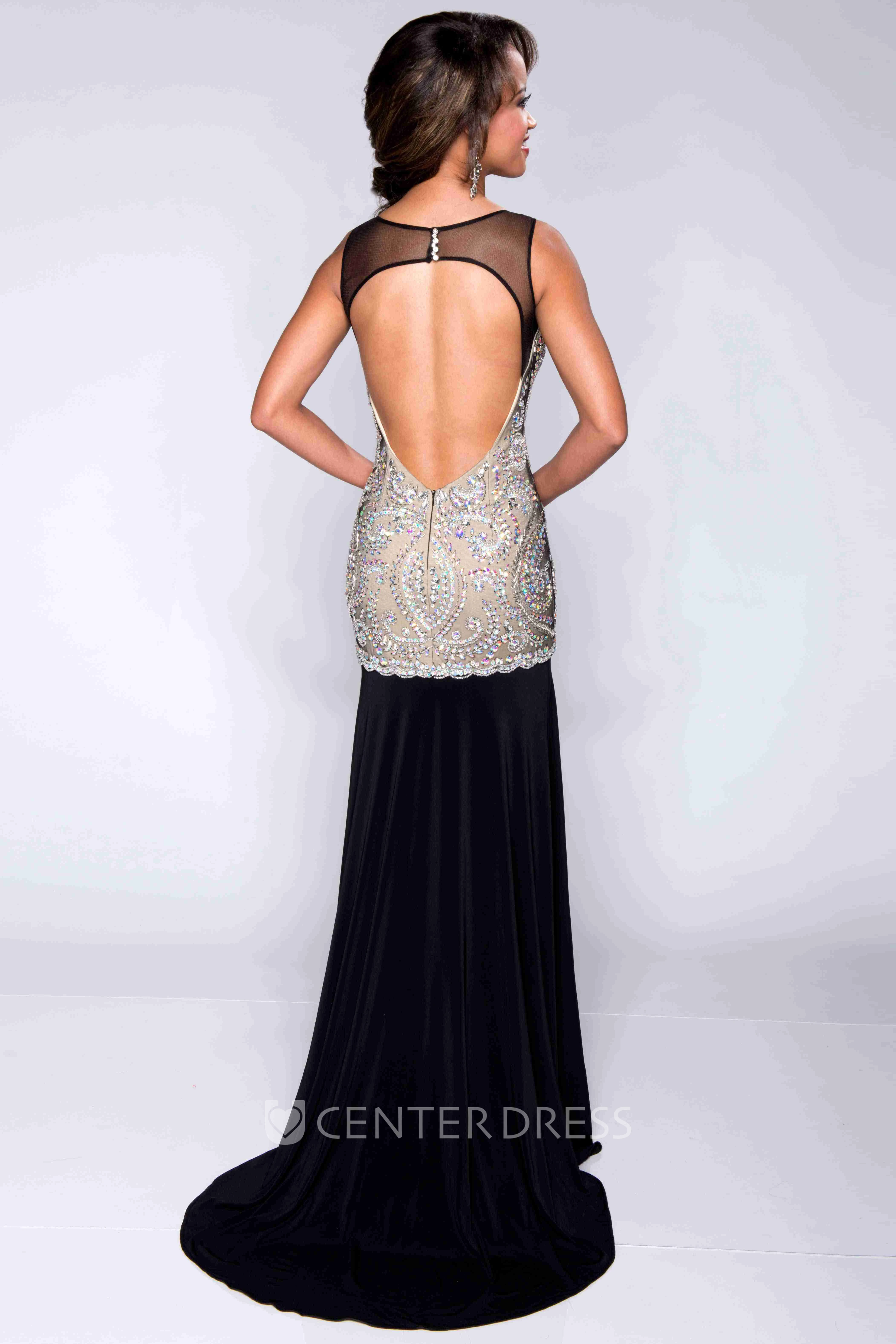 Keyhole Back Beaded Bodice Sheath Jersey Prom Dress With Dropped Waistline