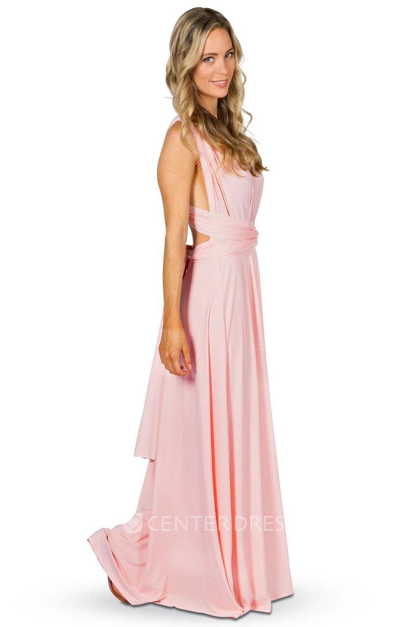 Sleeveless Long V-Neck Chiffon Convertible Bridesmaid Dress With Straps