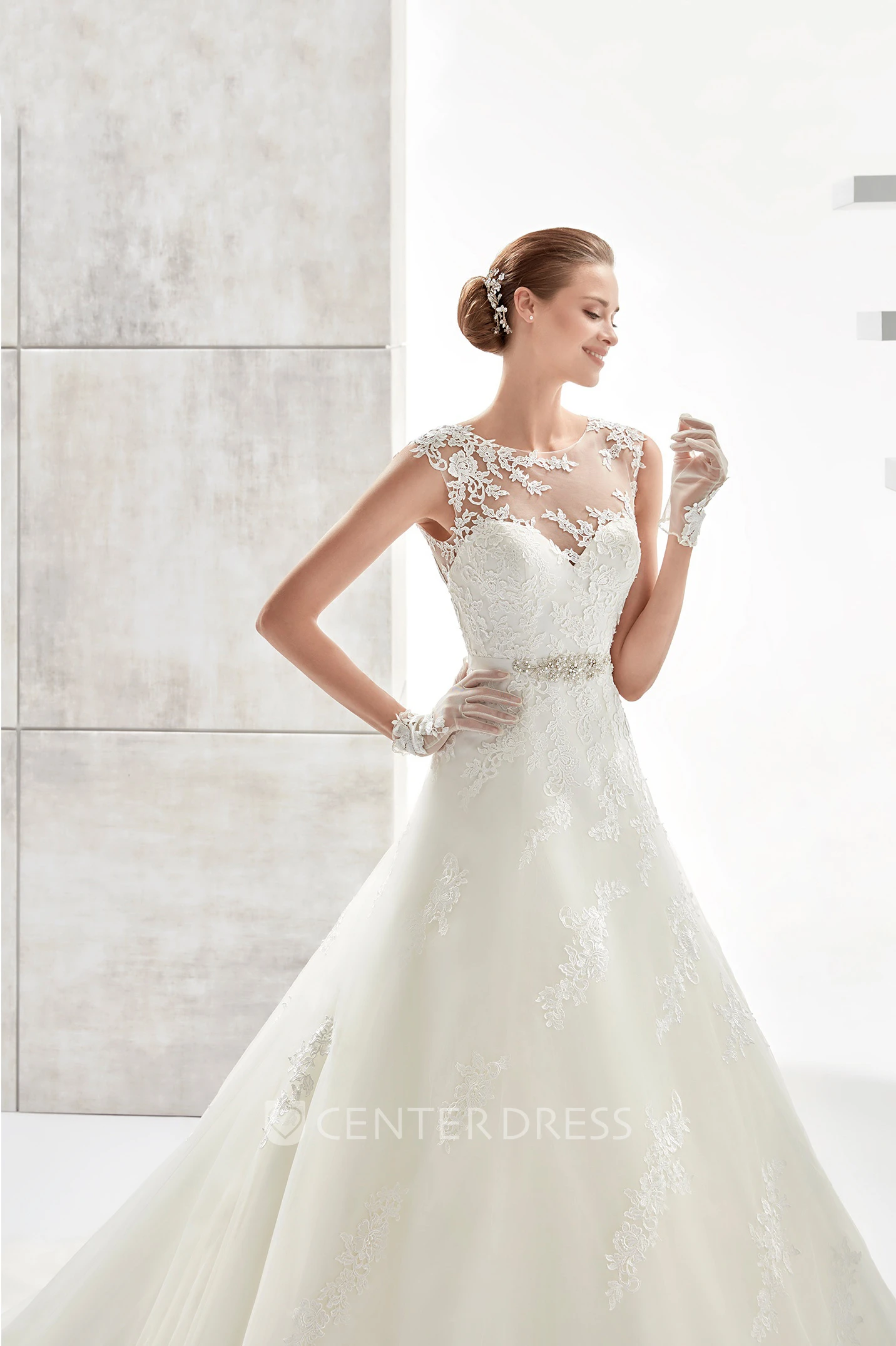 Jewel-neck A-line Warm Wedding Dress With Beaded Belt and Illusive Design