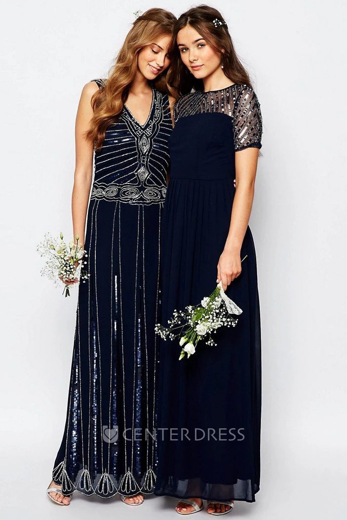 A-Line Short-Sleeve Sequined Jewel-Neck Ankle-Length Chiffon Bridesmaid Dress With Pleats