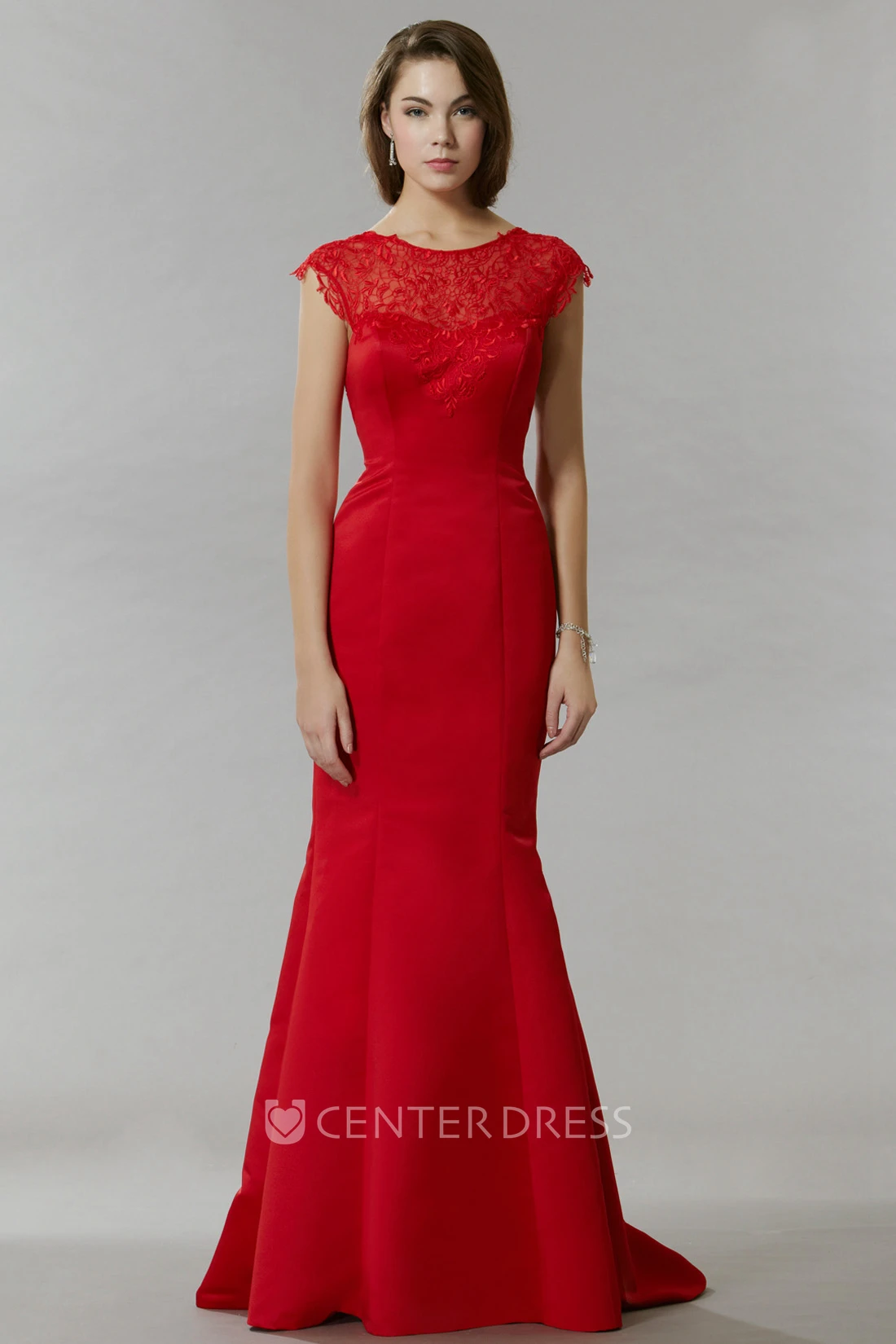 Mermaid Cap-Sleeve Lace Scoop Maxi Satin Prom Dress With Low-V Back And Sweep Train