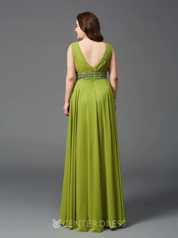 A-line Floor-length V-neck Sleeveless Chiffon Waist Jewellery Pleats Low-V Back Dress