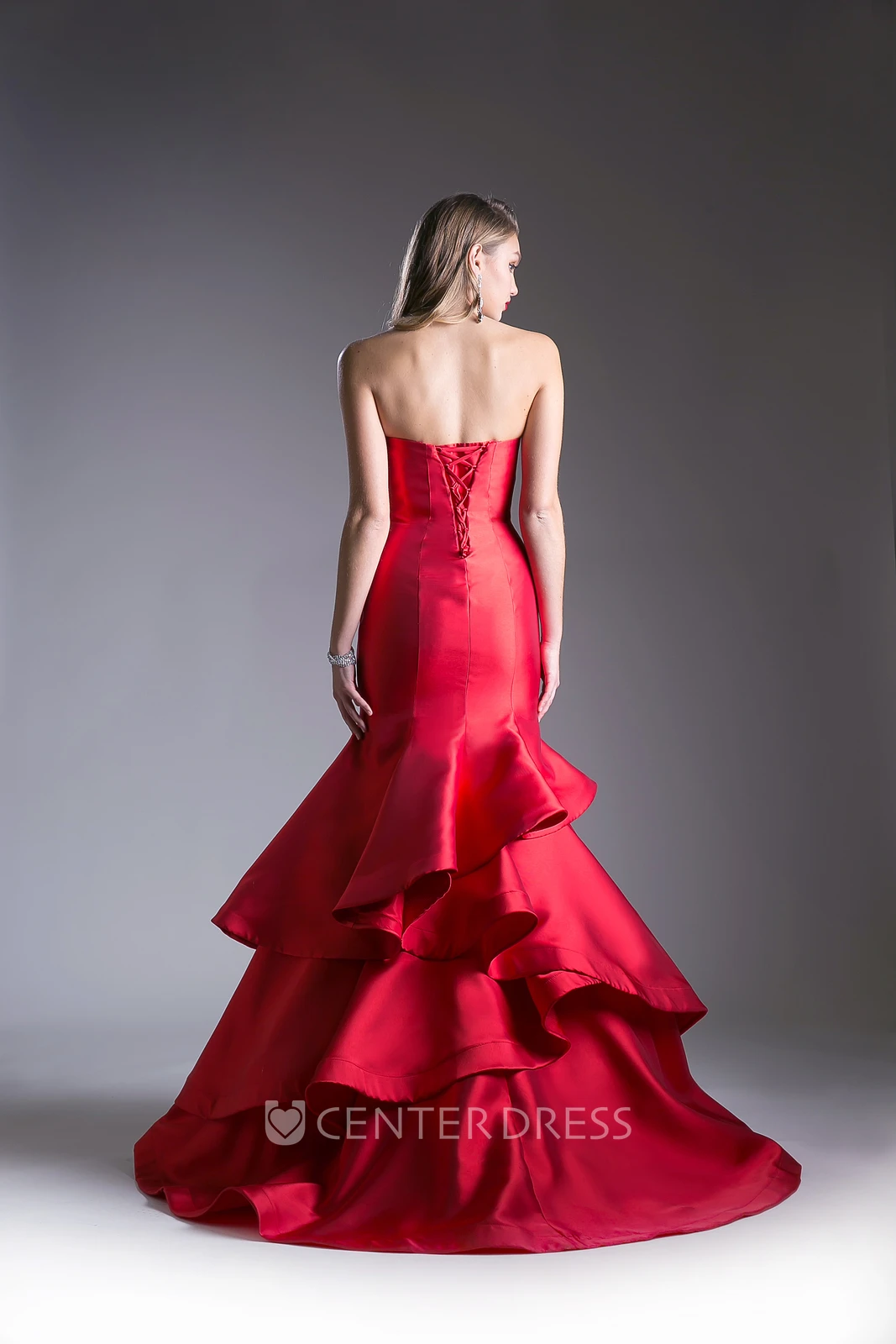 Trumpet Sweetheart Sleeveless Satin Corset Back Dress With Tiers And Ruffles