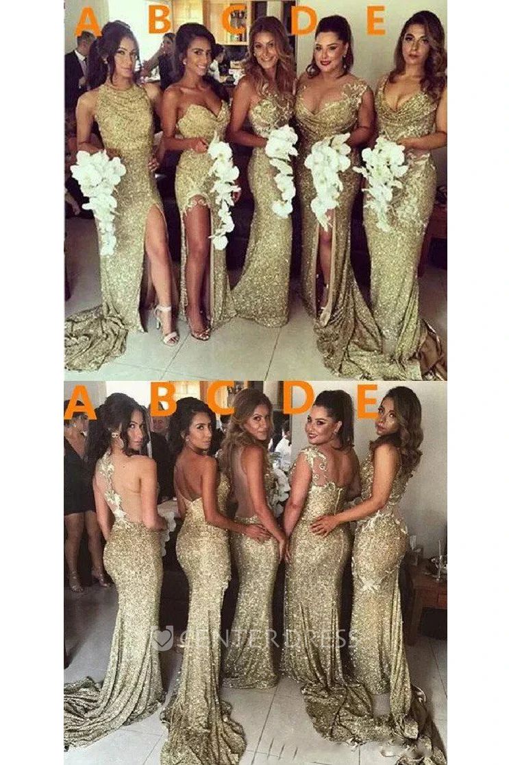 Sleeveless A-line Halter Floor-length Sequins Bridesmaid Dress with Split Front